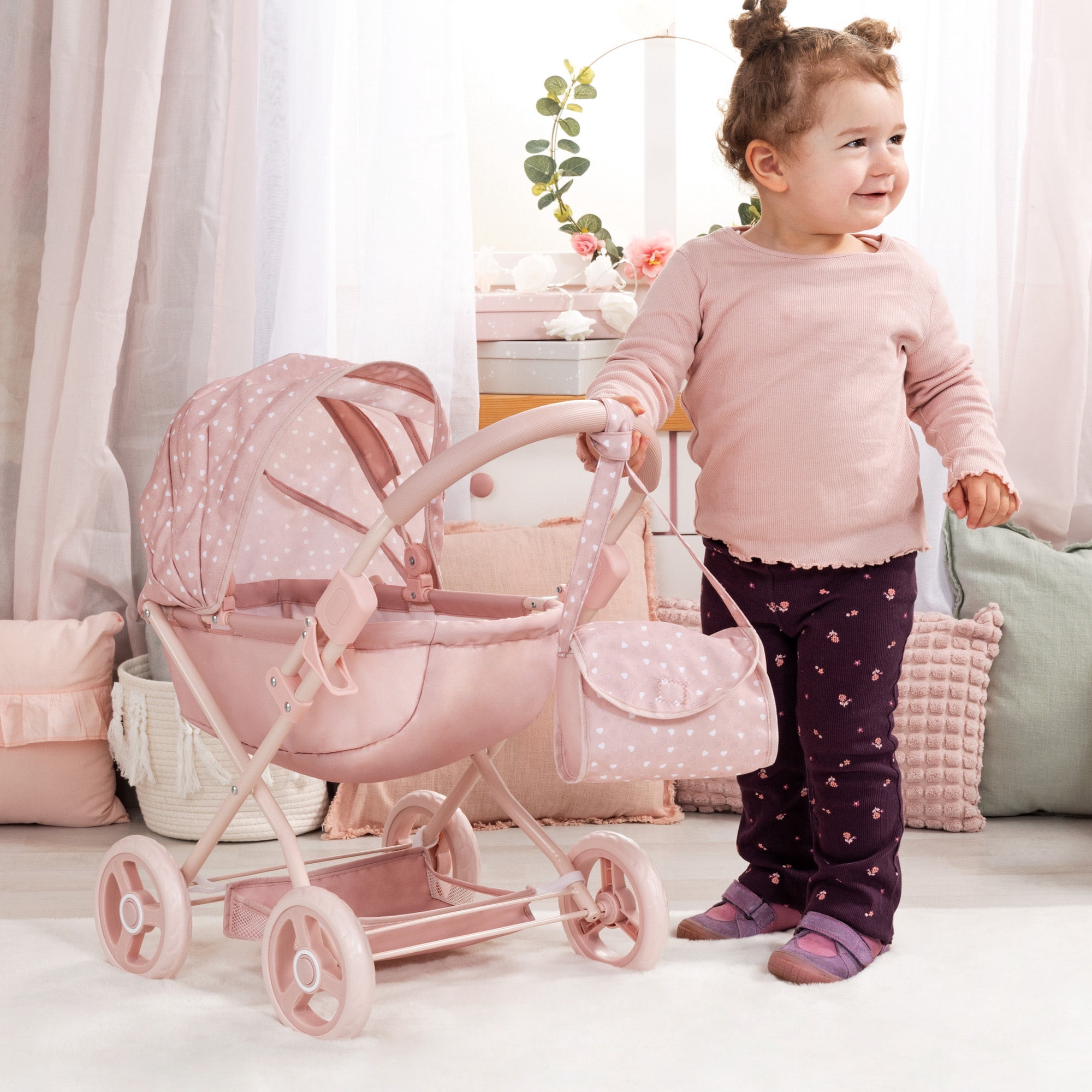 Bayer Design: Doll Pram Cosy - Soft Pink & Polka Dot - Play Push Stroller, Handbag, Blanket & Pillow, Folding, Toy Accessory Fits 18" Dolls, Kids 3+