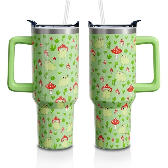 40oz Frog & Mushroom Tumbler with Handle & Straw Lid - Insulated Stainless Steel Cup, Cute Green Birthday Gifts for Women & Girls