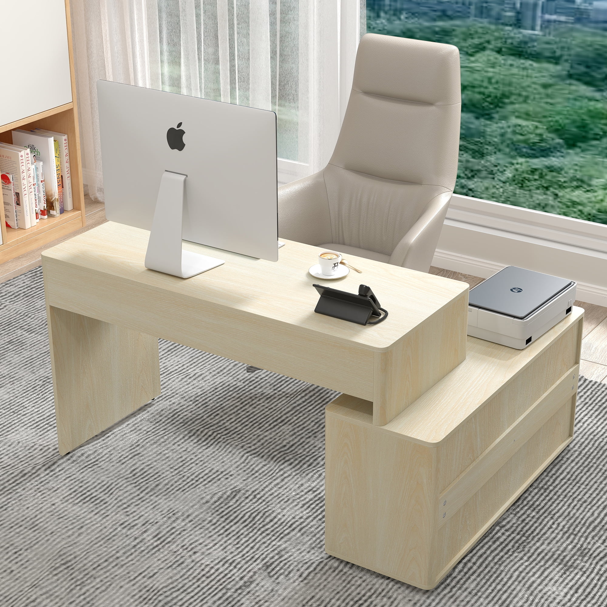Wirrytor Modern L Shaped Desk with Storage, Corner Computer Desk with 2 Drawers and Sliding Door Cabinet, Home Office Desk for Small Spaces and Study Room, Sturdy Oak Finish Workstation