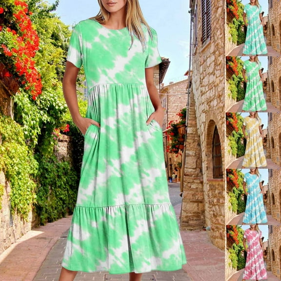 Horkkom Shirt Dresses for Women Short Sleeve Crew Neck Maxi Dresses Casual Loose Gradient Print Long Dresses with Pockets L