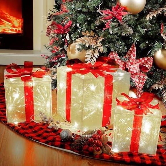 Christmas Box Decorations, Set of 3 Light Up Boxes with Red Bows, Plug-in 60 LEDs Warm White Lighted Xmas Boxes for Christmas Tree Holiday Indoor Outdoor Decors