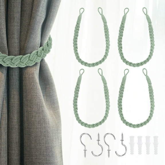 4Pcs Rope Curtain Tiebacks, 23.6" Hand-Woven Curtain Holdback, Green