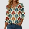 thumbnail image 2 of GEWSEY Womens 3/4 Sleeve Tops Summer Henley V-Neck Tshirts Casual Pleated Blouse Dressy Loose Floral Basic Tee (Khaki, L), 2 of 5
