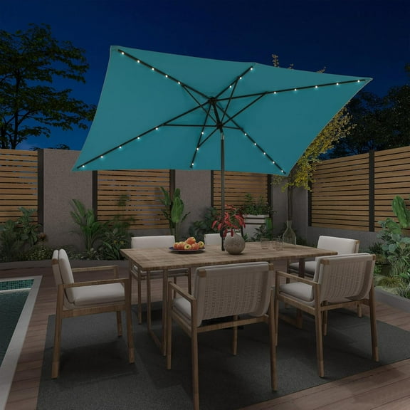 MONDAWE Rectangular Market Umbrella with Lights 10 x 6.5 FT Outdoor Solar LED Patio Umbrella Tilt and Crank Aluminum Commercial Table Umbrella for Pool Backyard Balcony
