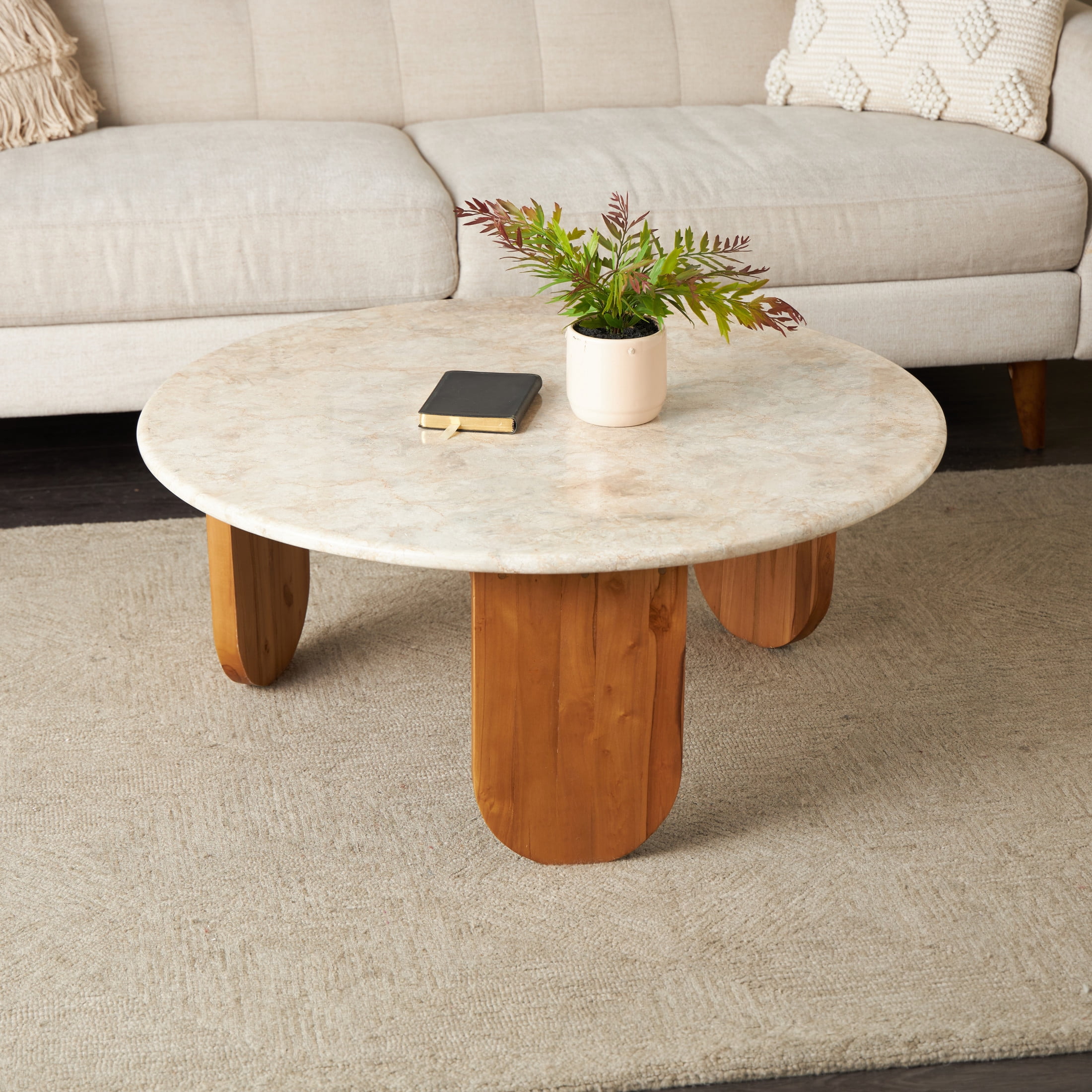 DecMode 36" x 15" Brown Teak Wood Handmade Coffee Table with Beige Marble Tabletop, 1-Piece