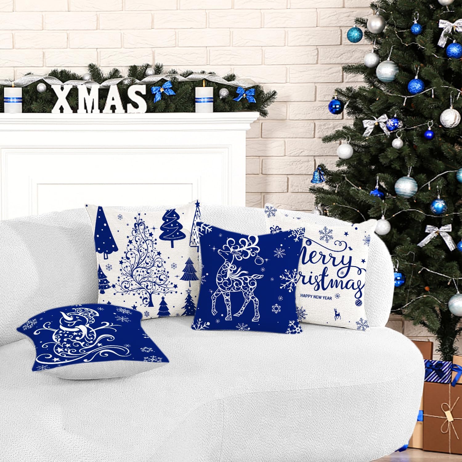 Blue Christmas Throw Pillow Covers 20x20 Set of 4 Christmas Decoration Trees Deer Snowman Merry Christmas Decorative Holiday Farmhouse Pillow Covers for Holiday Christmas Decoration