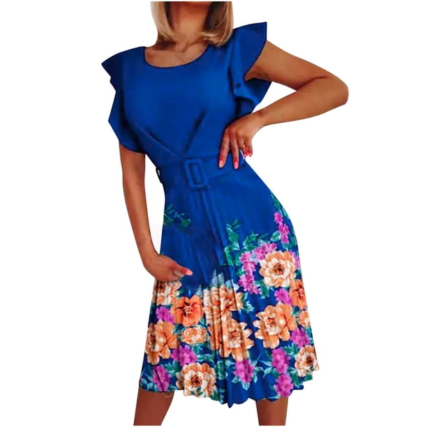 Vestidos de manga corta con volantes plisados y cuello redondo informales de verano para mujer (cinturón incluido) Fridja nalpqowj28774
