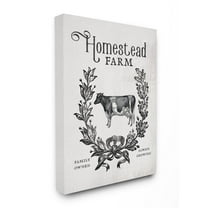 The Stupell Home Decor Collection Homestead Farm Family Farmhouse Crest Cow with Wreath Stretched Canvas Wall Art, 16 x 20