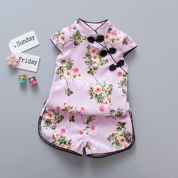 JUoaLXG Baby Girls Casual Dresses Summer Kids Floral Print Stank Short Sleeve Tang Suit Cheongsam Dress Streetwear,Purple,18-24 Months