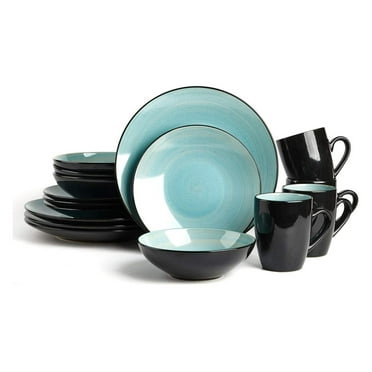 Sonoma 16 Piece Stoneware Dinner Set, Outside Black   Inside Handpainted Color Turquoise with speckle