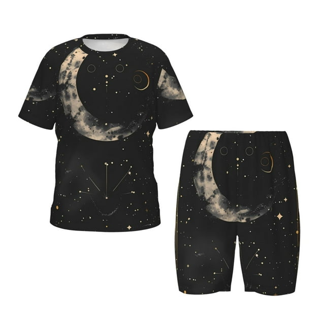 Bingfone Ensemble de Pyjamas Col Rond Abstrait Ciel Étoilé Lune pour Enfants, Pyjamas à Manches Courtes avec Taille Élastique et Shorts Ensemble Deux Pièces, Adapté pour Garçons et Filles Tenue de Maison-4x-Grand