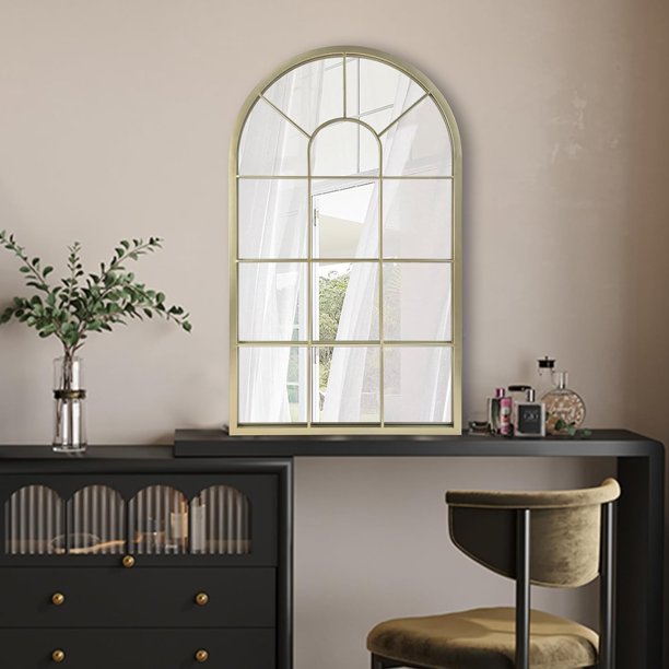 Espejo de pared Ventana Espejos decorativos de arco estilo granja para sala de estar Dormitorio Entrada Baño Tocador (Oro, 80 cm x 51 cm x 2.5 cm)