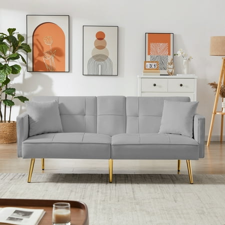 69.2 Velvet Upholstered Futon Sofa Bed with 2 Cupholders Convertible Folding Sleeper Loveseat Couch with Armrests Tufted Pink Sofa & Couches for Living Room Bedroom Grey