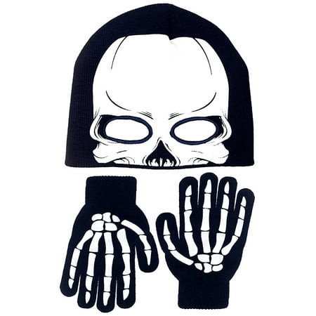 Polar Wear Boy's Skeleton Knit Beanie with Eye Holes & Glove (Best Gloves To Wear In Alaska)