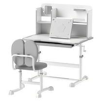 Kids Desk and Chair Set, Height Adjustable Student Desk with Tilt Top, Storage Drawer & Reading Rack, Ergonomic Gray