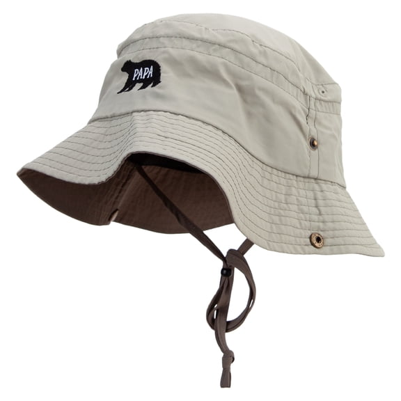 PaPa Bear Embroidered Big Size Talson UV Bucket Hat with Chin Cord - Khaki Brown XL-2XL