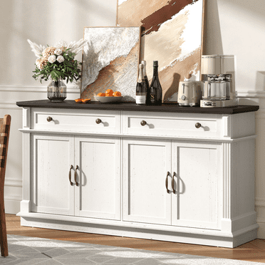 63 Inch Large Buffet Sideboard Cabinet with Storage - Sideboard Buffet Cabinet with Drawers and Doors, Wood Kitchen Coffee Bar with Adjustable Shelf Dining Room, Living Room (Off White)