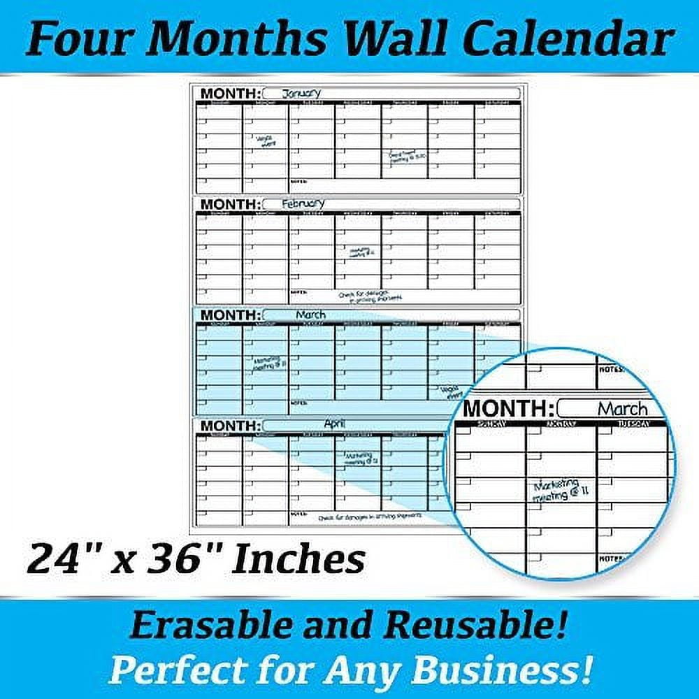 Business Basics Extra Large Dry Erase Vertical 4 Month 24" x 36" in Wall  Calendar Laminated Dry or Wet Erase Print Squares to Plan Your Whole Day  Perfect for School Office Cubicle