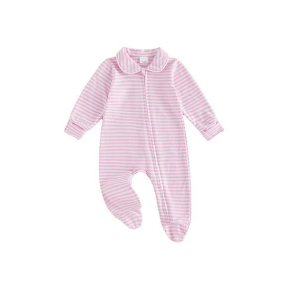 BemeyourBBs Newborn Baby Girl Boy Spring Fall Winter Clothes Outfit Footed Romper 0 3 6 Months Casual Long Sleeve Lapel Collar Stripes Print Zip Up Footie Jumpsuit One Piece Outfits