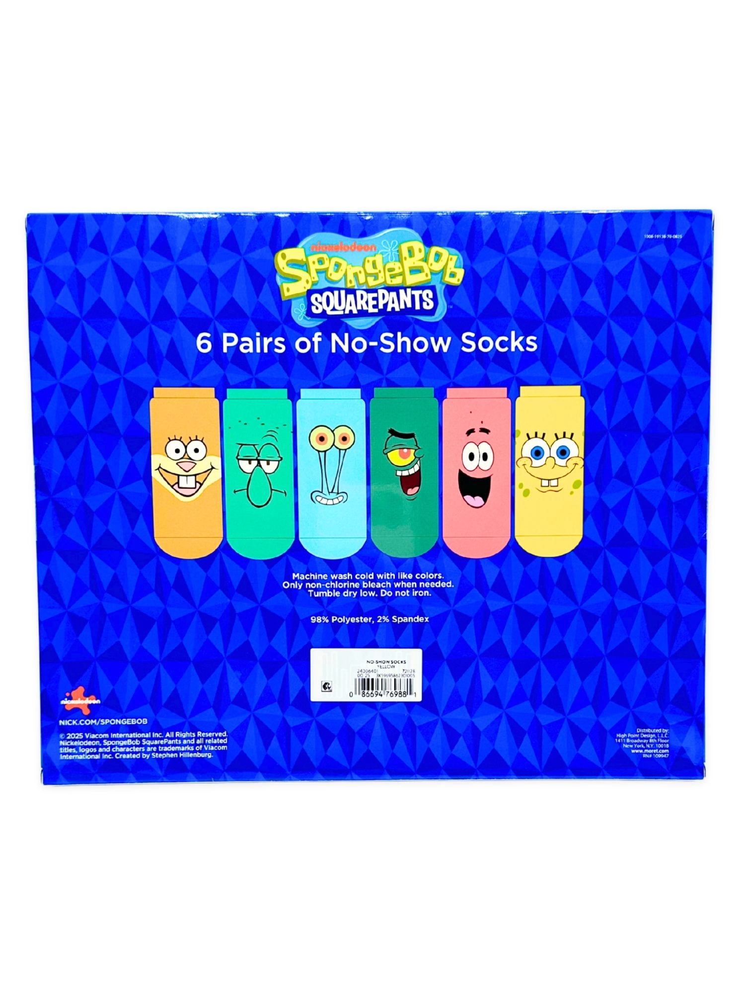 SpongeBob SquarePants Boys No-Show Socks, 6-Pack, Sizes S/M-M/L