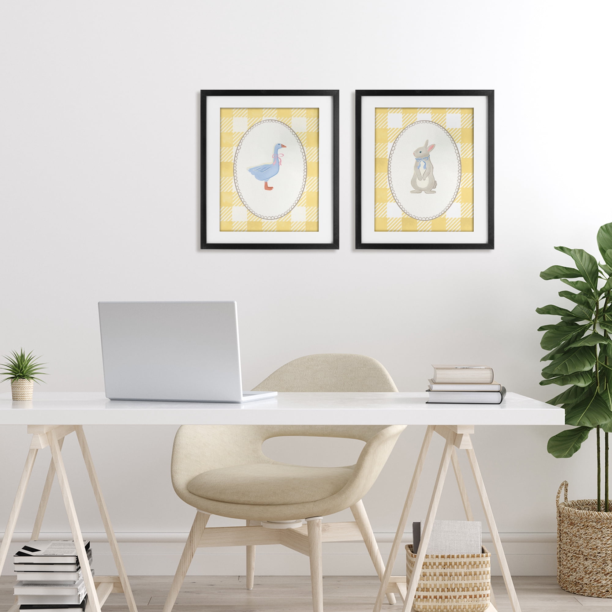 Stupell Industries Goose & Bunny Yellow Gingham 2 Piece Black Framed Print Under Glass Set, design by The Paper Curator