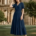 thumbnail image 5 of ZQUUVOU Women's V Neck Tiered Midi Dress Short Sleeve Elastic Waist Ruffle Hem Casual Flowy Sundress Summer Beach Outfits Dark Blue, 5 of 6