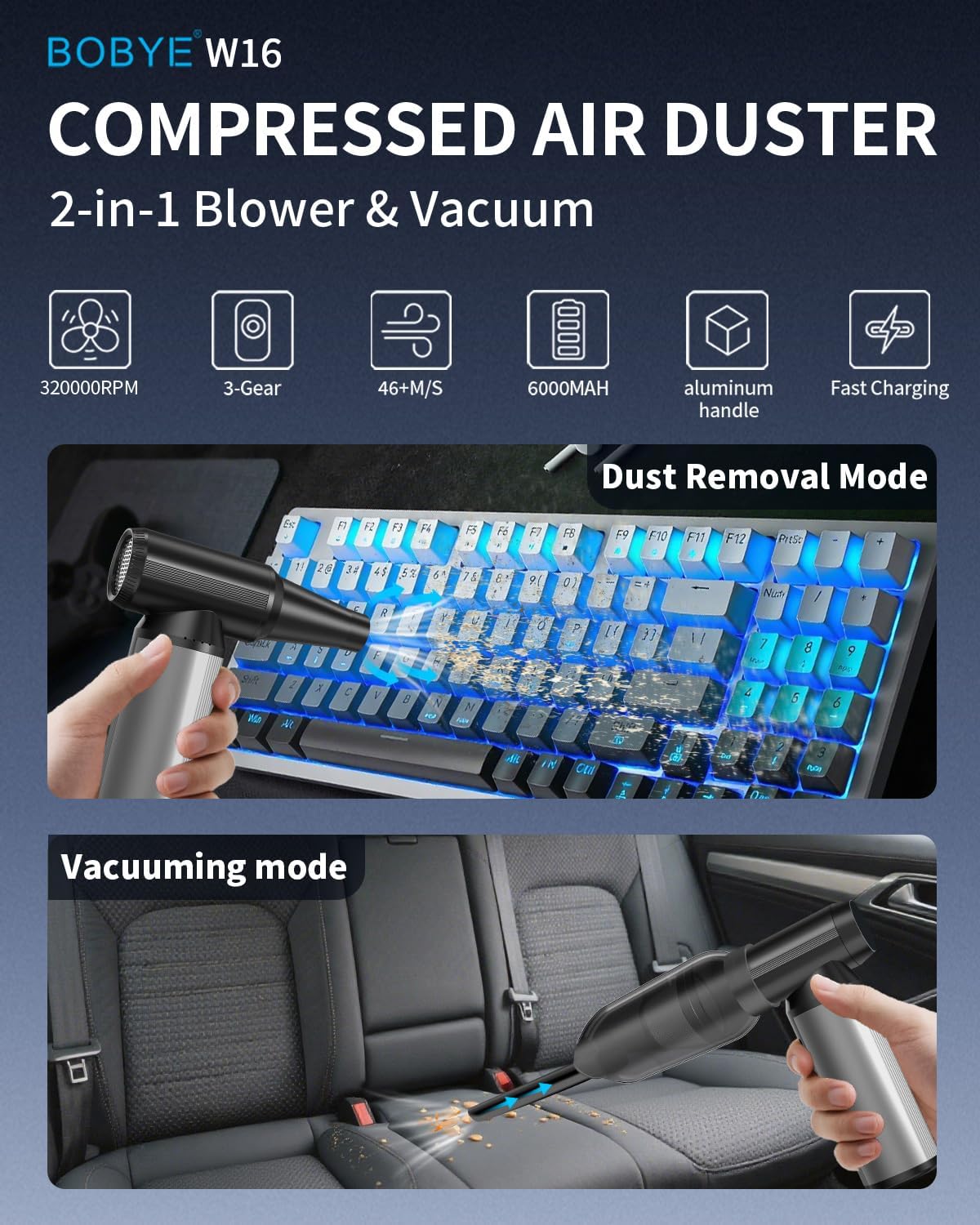 MUSICOZY Compressed Air Duster,2-in-1 Duster Blower&Vacuum with 320000RPM Super Power,Electric Air Duster Rechargeable,3-Gear Adjustable Air Blower for Keyboard, Computer,Car Home Outdoor Cleaning