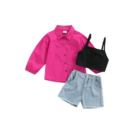 

Farrubbyine8 Kids Baby Girls Clothing Shorts Set Lapel Button Long-sleeved Shirts Camisole Vest High Waist Button Shorts