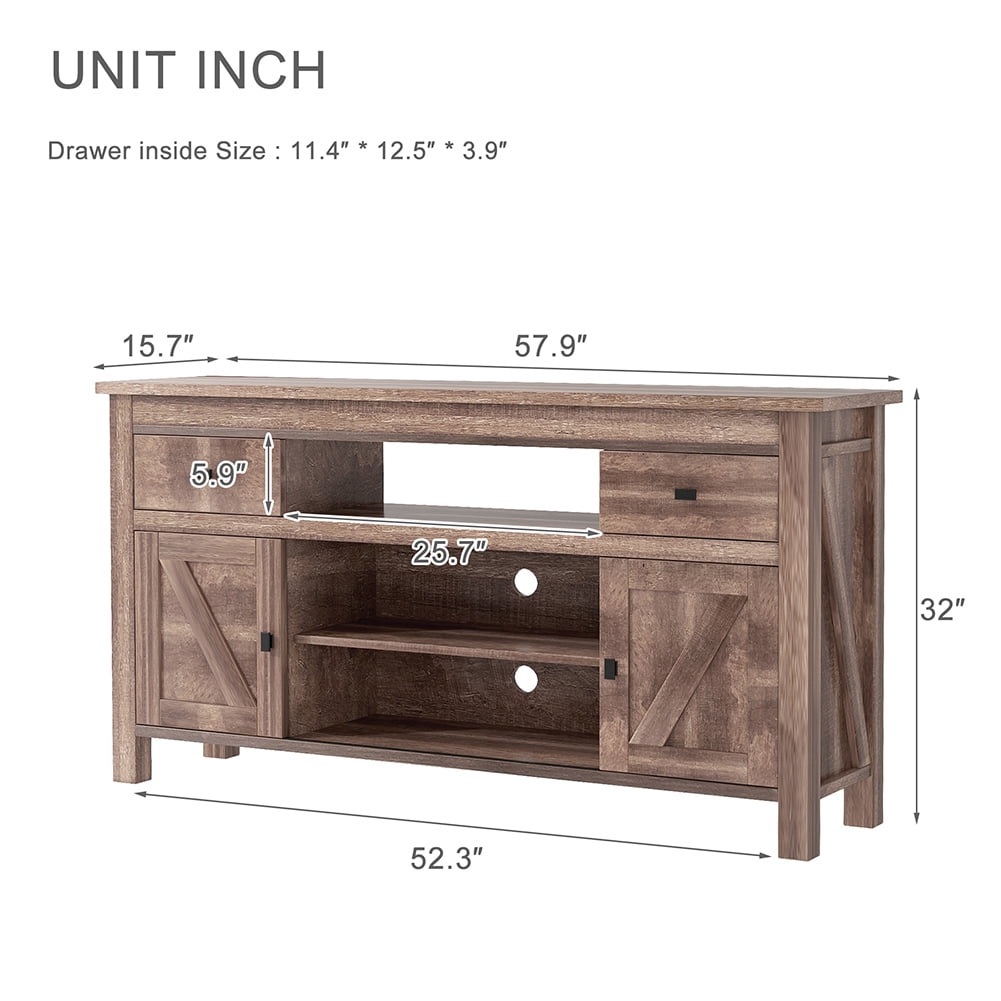 Resenkos Functional Particleboard TV Stand with Two Drawers and Open Style Shelves Sliding Doors and Adjustable Shelf, Barnwood