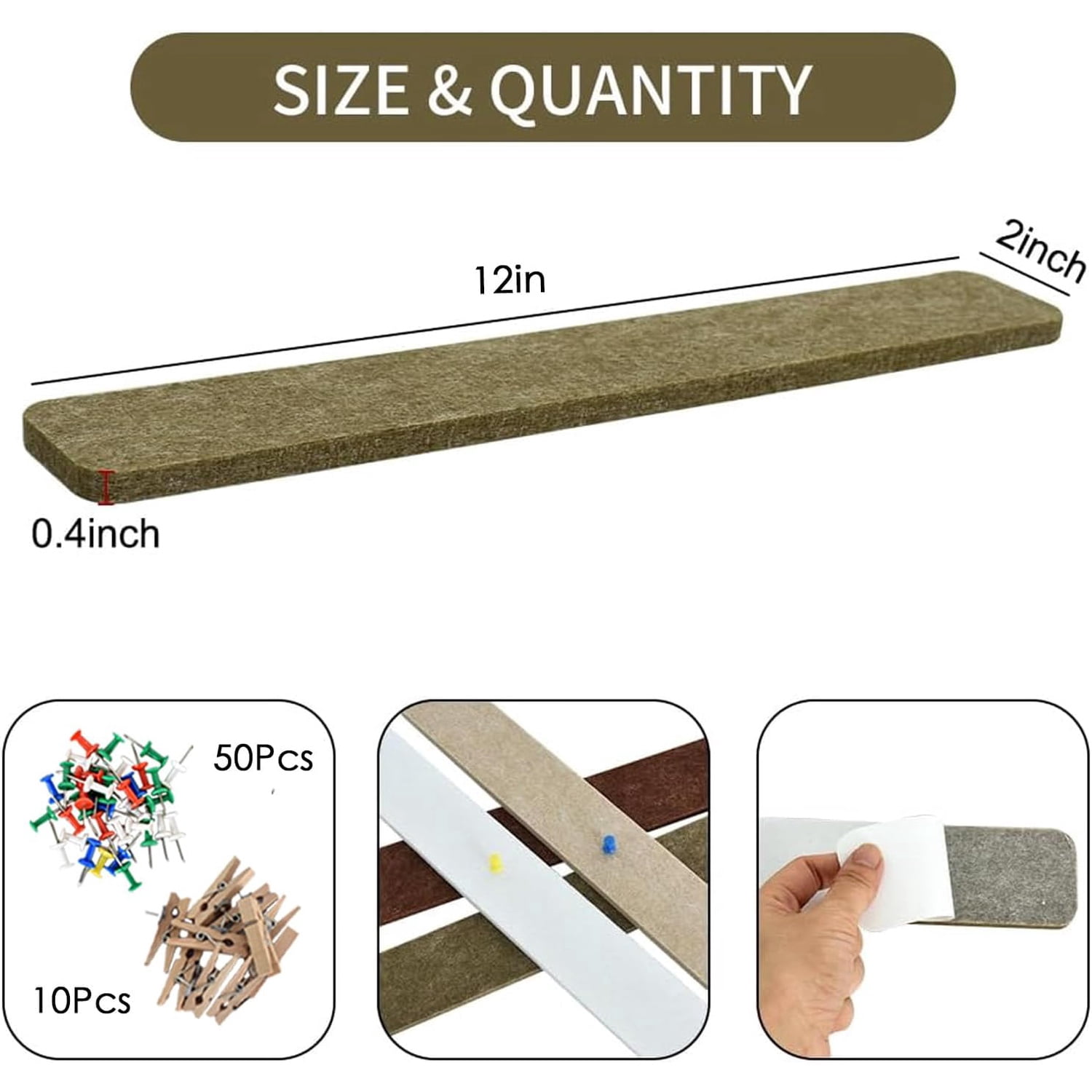 8 pcs Bulletin Board Bar Strips with 50 Pushpins & 10 Wooden Clip pins，Self Adhesive Cork Board for Wall，Felt Pin Board for School，Office Decor(Coffee-Brown White)