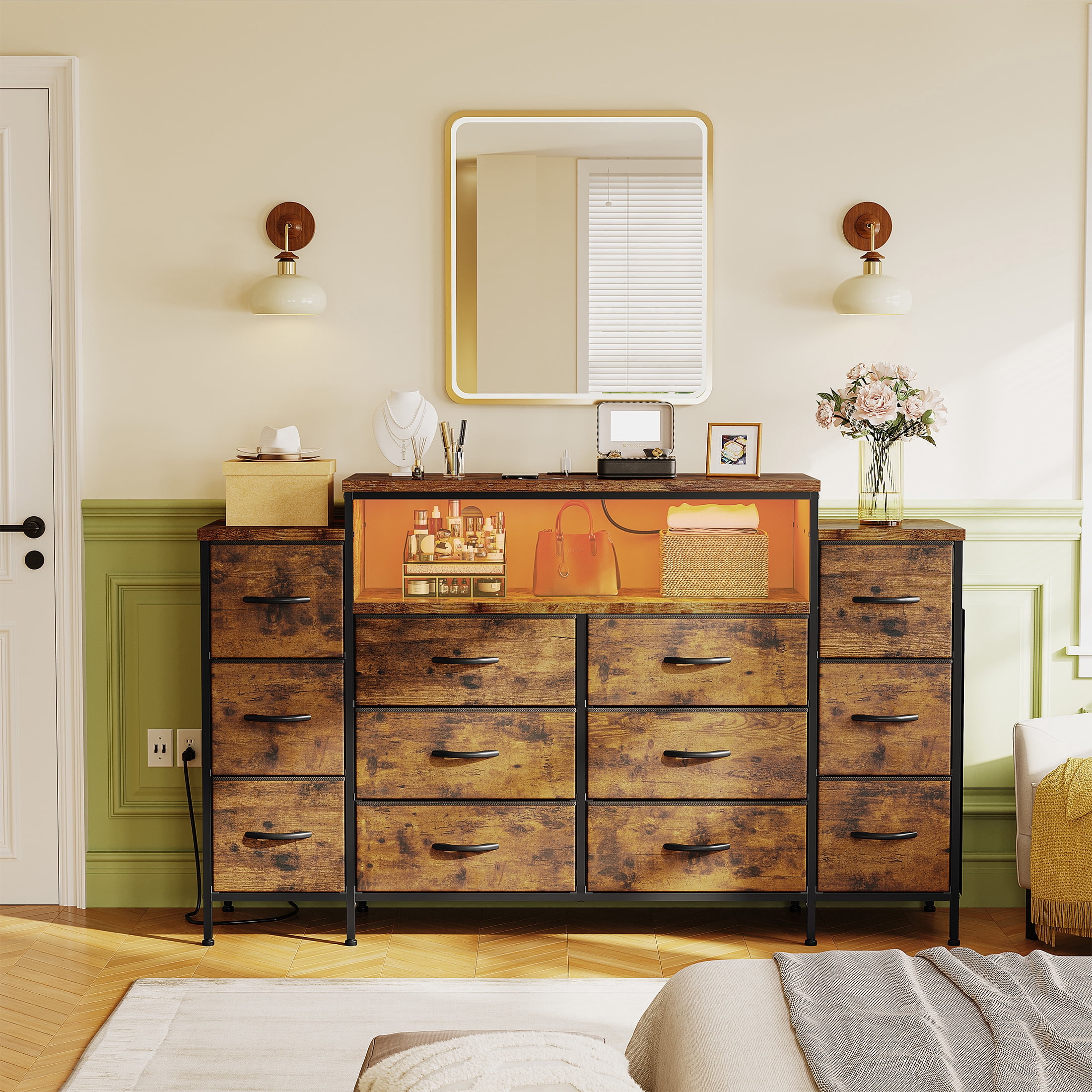 EnHomee 55" W Dresser for Bedroom with LED Lights & Charging Station 12 Drawer Dressers & Chests of Drawers, Rustic Brown