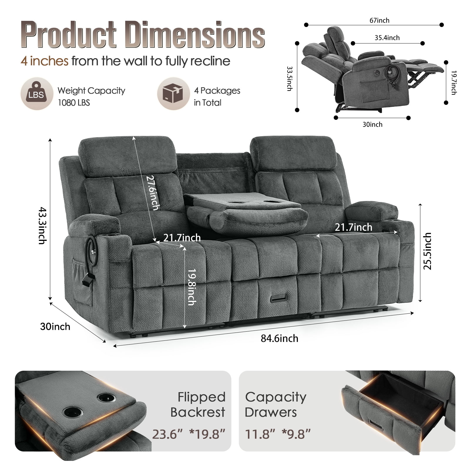 3-Seat Reclining Sofa with Flip Middle Backrest, Manual Loveseat Recliner with Storage Drawer, USB & Type-C Ports, Cup Holders & Phone Holders, Gray