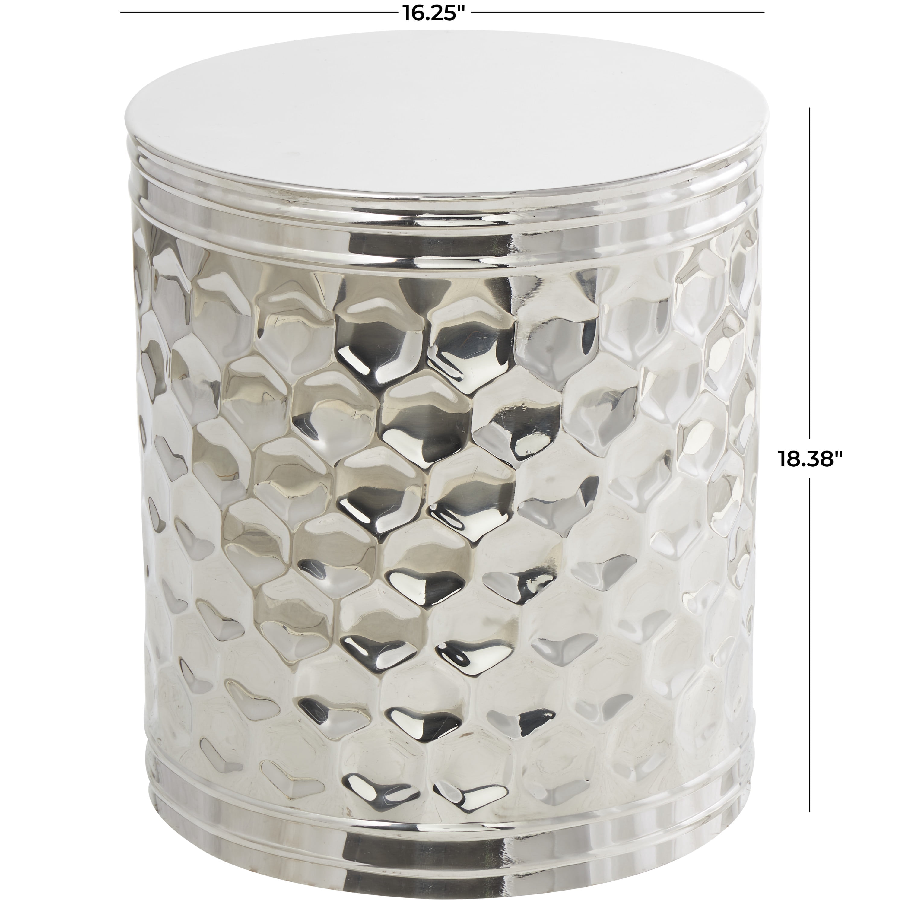 DecMode 16" x 18" Silver Stainless Steel Drum Geometric Accent Table with Hexagon Patterned Exterior, 1-Piece