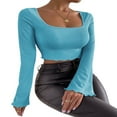 thumbnail image 3 of Women Solid Color Ribbed Square Neck Lettuce Hem Show Navel T-Shirts Spring Autumn Flare Long Sleeve Slim Crop Tops Black M, 3 of 6