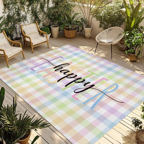 Easter Outdoor Rug for Patio/Deck/Porch, Non-Slip Large Area Rug 3 x 5 Ft, Colorful Checkered Plaid Spring Gingham Textured Indoor Outdoor Rugs Washable Area Rugs, Camping Rug Carpet Runner