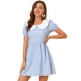thumbnail image 1 of Vestido Entallado Y Con Vuelo De Manga Corta Abullonada Con Cuello Peter Pan En Contraste Para Mujer Azul S, 1 of 6