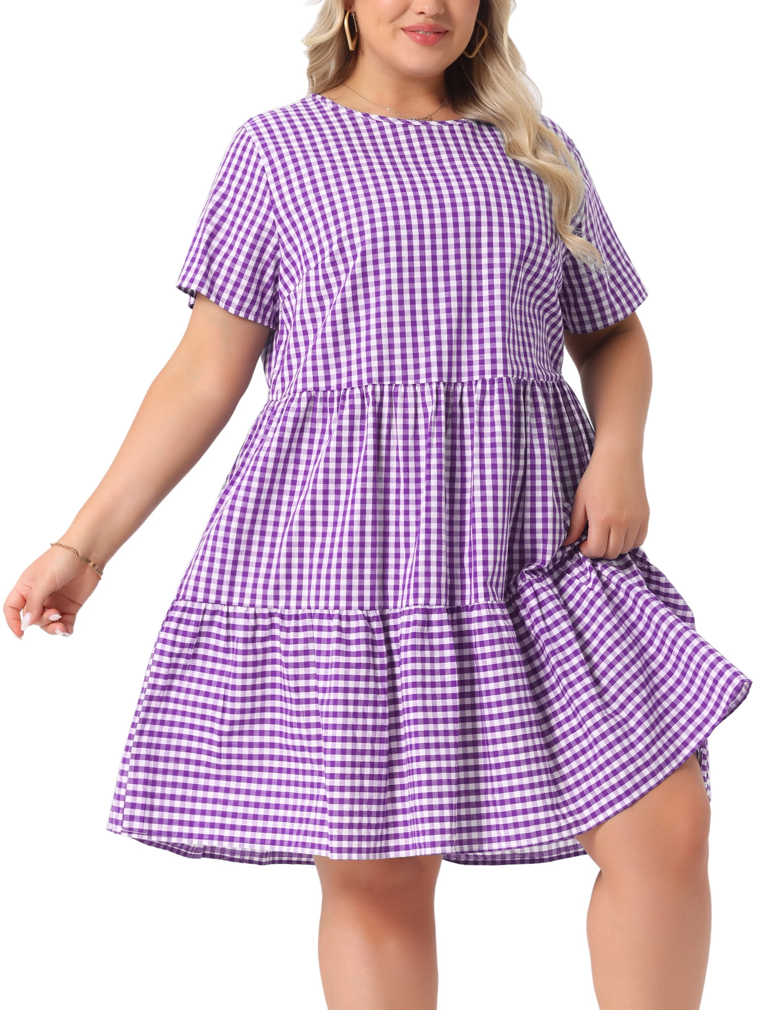 DARING DIVA Women's Plus Size Plaid Round Neck Short Sleeve Midi Dress 4X Purple