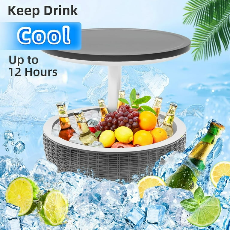 Outdoor Cooler Table, Height-Adjustable Patio Bar Tables 8 Gallon Beer and Wine Cooler, 3-in-1 Rattan Style Ice Bar with Drainage Plug for Pool Party (Black)