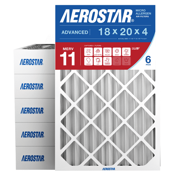 Aerostar 18x20x4 MERV 11 AC Furnace Air Filter, Pleated HVAC Filter, MPR 1000 FPR 7, Allergen Defense, 6-Pack, Made in USA