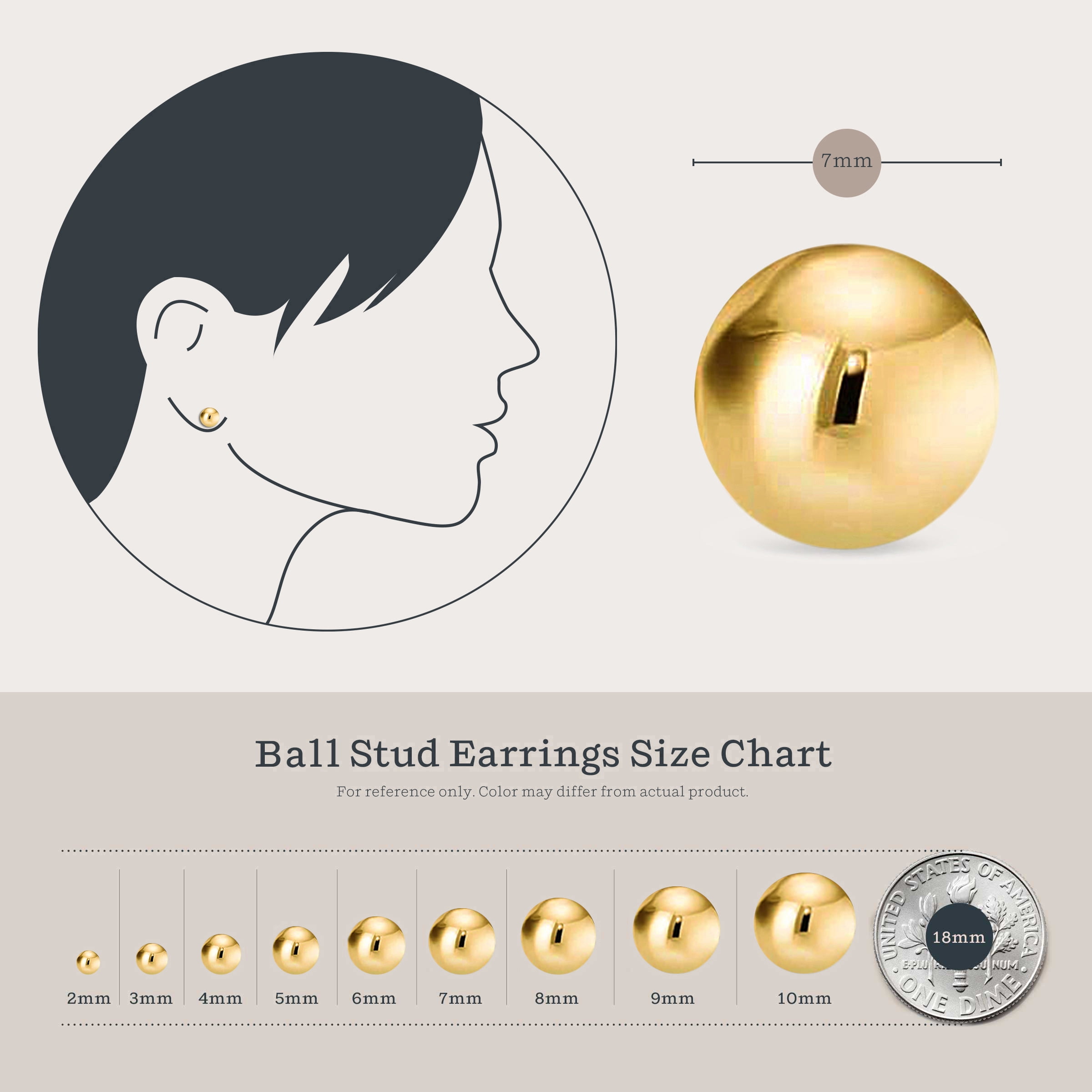Kezef 14K Gold Plated Polished Sterling Silver Round 7mm Ball Bead Stud Earrings
