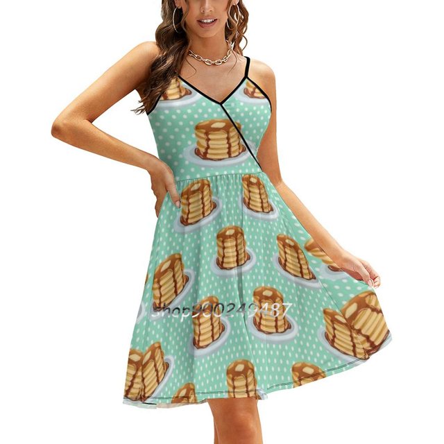 Pancakes avec Motif de Sirop d'Érable Robe Élégante Douce Femmes Coréenne Kawaii Col Carré Robe Pancake Sirop Motif d'Érable