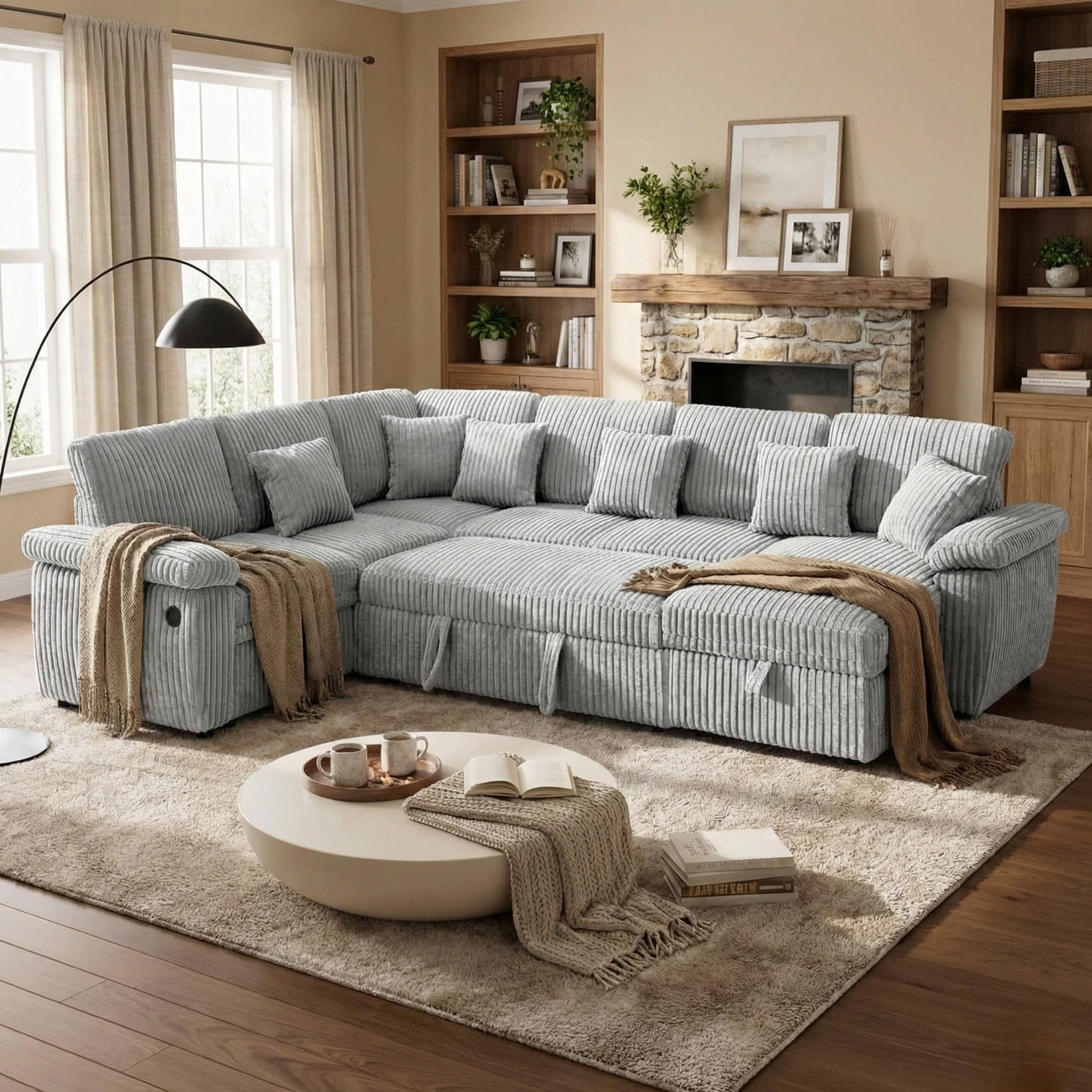 Howcool Modular Sectional Sleeper Sofa with Pull-Out Bed, U-Shaped Convertible 7-Seat Cloud Couch with Storage Chaise & USB Charging, Plush Corduroy Sectional for Living Room,Grey