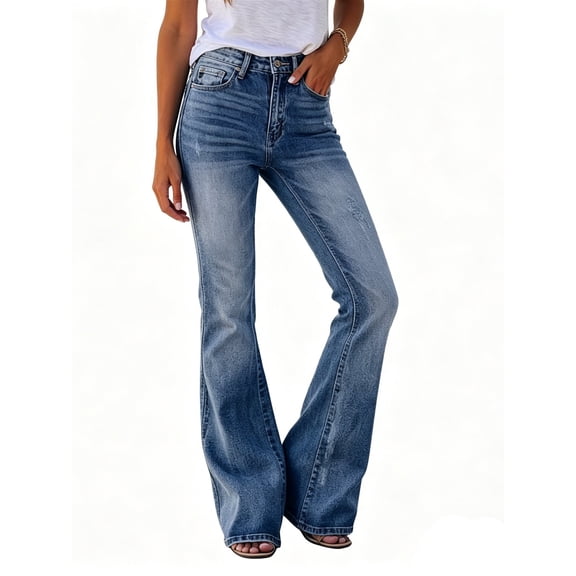 Women High Waist Flared Leg Casual Jeans Long Denim Pants