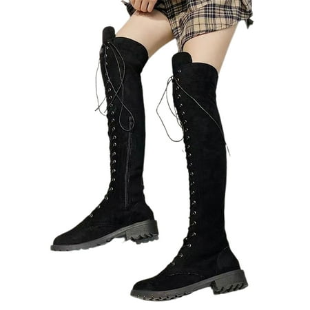 

Wodstyle Womens Winter Ladies Over The Knee Boots Vintage Thigh Flat Party Lace Up Block Holiday Shoes