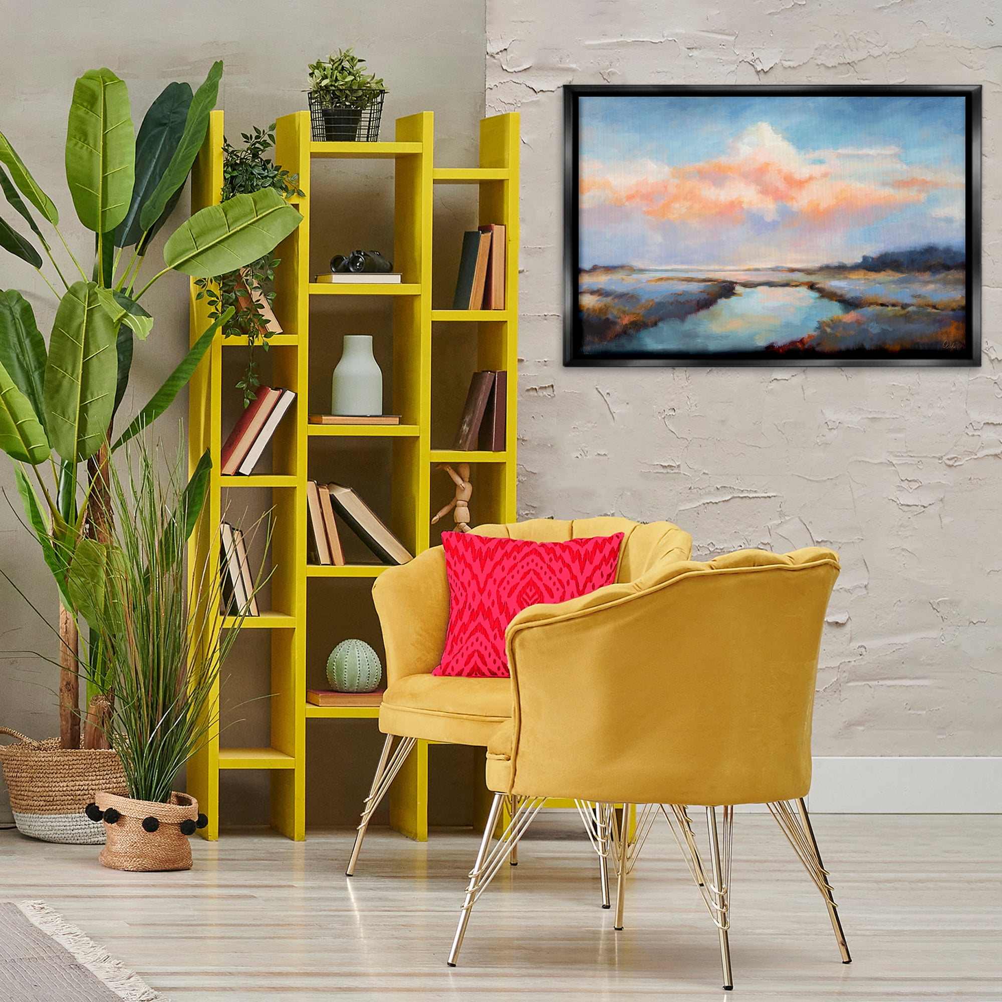 Stupell Industries River with Pastel Clouds Landscape & Nature Painting Black Floater Framed Canvas Art Print Wall Art, 31 x 21