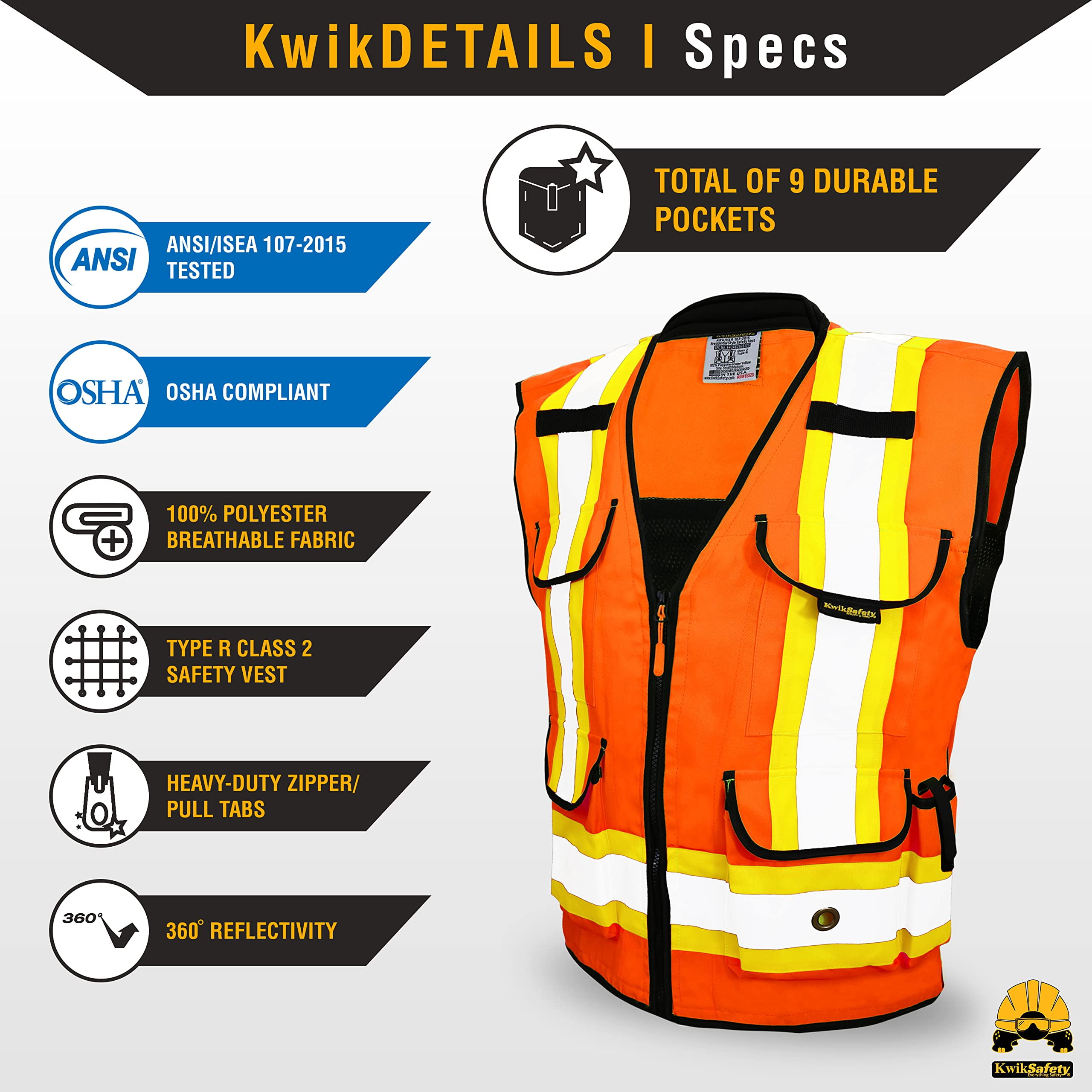 KwikSafety (Charlotte, NC) GODFATHER Safety Vest (Cushioned Collar) Class 2 ANSI OSHA High Visibility 9 Pockets Reflective Tape Heavy Duty Zipper Mesh HiVis Construction Surveyor Men | Orange XL