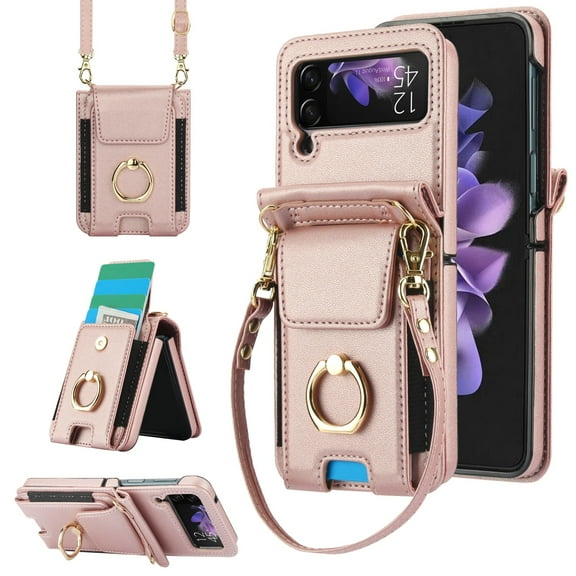 for Samsung Galaxy Z Flip 4 Wallet Case Crossbody, PU Leather Zipper Handbag Purse Flip Cover, Back Card Slots, Adjustable Shoulder Strap, Finger Ring Stand for Samsung Galaxy Z Flip 4, Rosegold