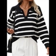 thumbnail image 3 of Suéter de Rayas para Mujer, Moderno Jersey de Punto con Cuello en V y Larga, Jersey Holgado, Prendas de Punto. Negro M, 3 of 9