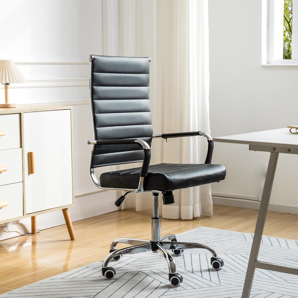 Okeysen Mid-Back Ribbed Home Office Desk Chair Ergonomic Faux Leather Conference Room Swivel Chairs Adult, Black
