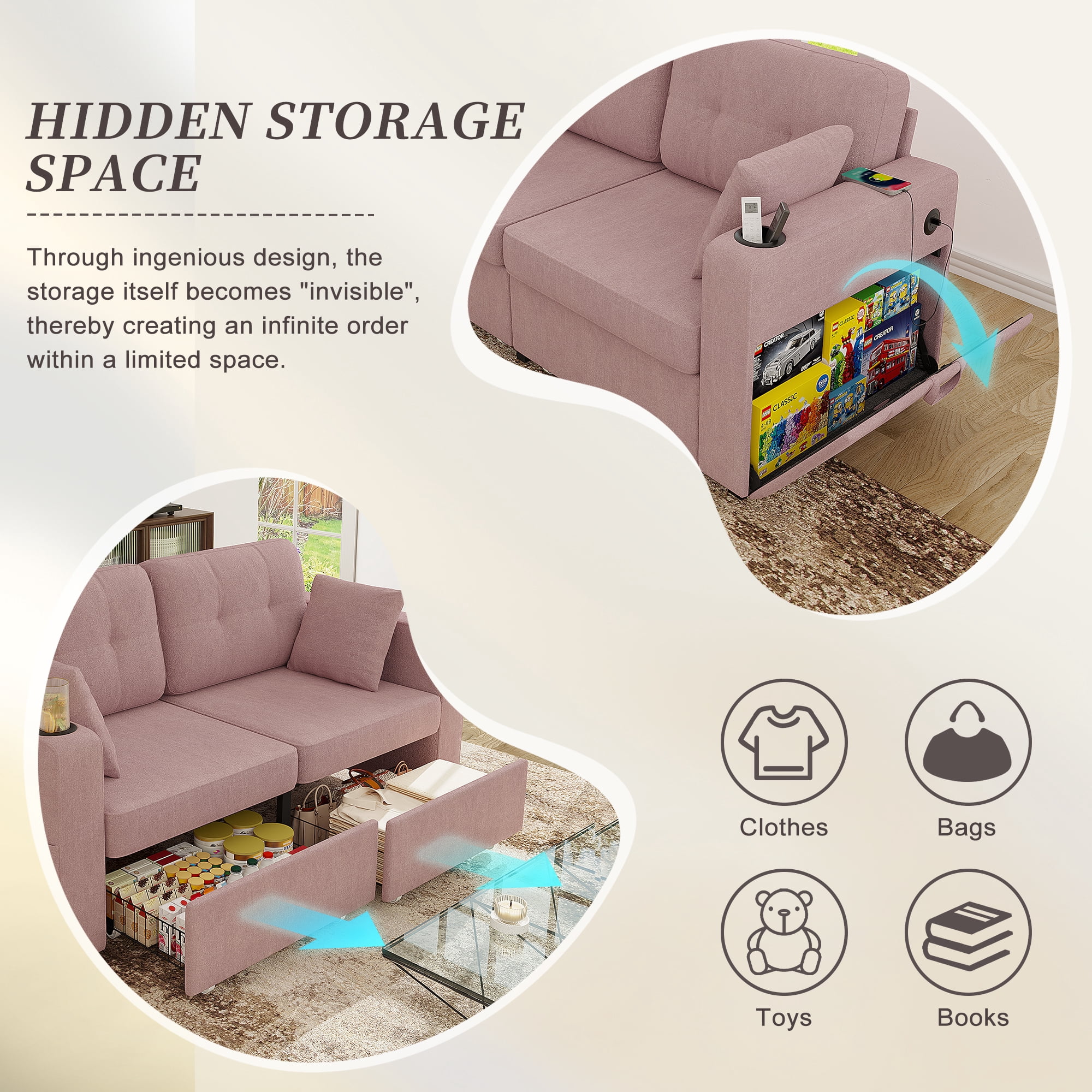 MOONMISS 68" Chenille 3 Seater Sofa Deep Seats,Wood Frame with Storage,USB Charging and Cup Holder,Pink